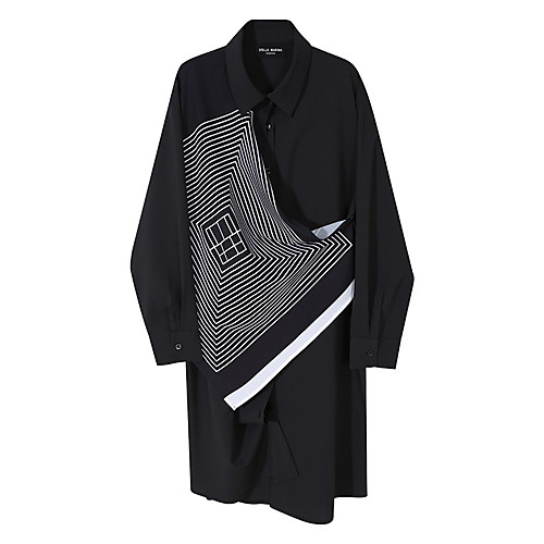 

Women's Shirt Dress Knee Length Dress White Black Long Sleeve Print Patchwork Print Winter Shirt Collar Casual Loose 2021 One-Size