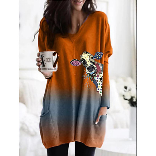 

Women's T Shirt Dress Tee Dress Short Mini Dress Green Orange Long Sleeve Animal Patchwork Print Fall Spring V Neck Casual Loose 2021 S M L XL XXL 3XL 4XL 5XL