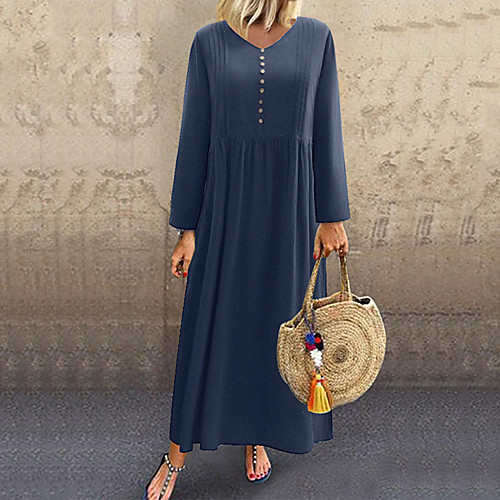

Women's A Line Dress Maxi long Dress Blue Long Sleeve Solid Color Patchwork Button Fall Round Neck Casual Loose 2021 L XL XXL 3XL 4XL 5XL / Cotton / Plus Size / Plus Size / Cotton