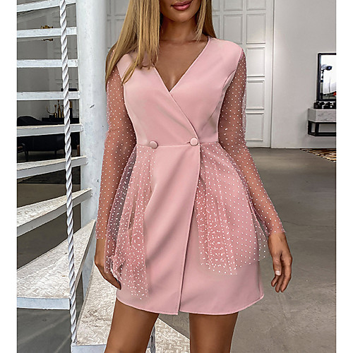 

Women's A Line Dress Short Mini Dress Long Sleeve Solid Color Button Fall Winter Work Elegant 2021 Blushing Pink S M L