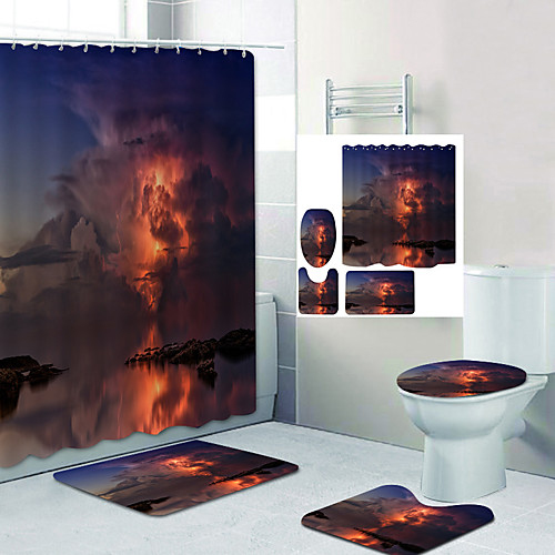 

Red Thunderstorm Over The Sea Digital Printing Four-piece Set Shower Curtains and Hooks Modern Polyester Machine Made Waterproof Bathroom