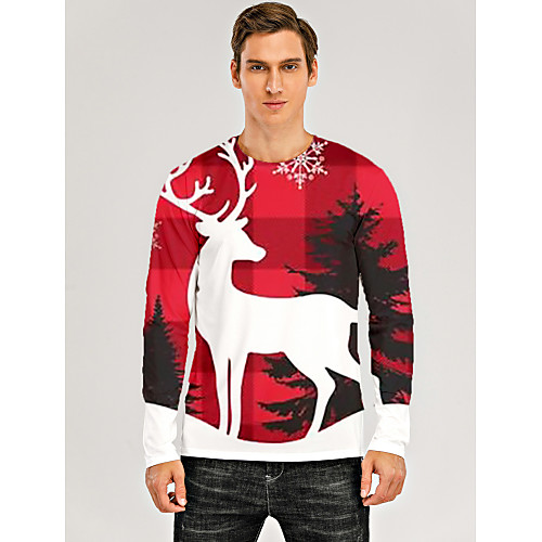 

Men's T shirt 3D Print Graphic 3D Animal Print Long Sleeve Christmas Tops Red / White