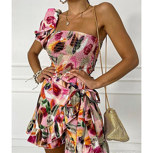 

Women's Two Piece Dress Short Mini Dress Rainbow Short Sleeve Floral Tie Dye Layered Ruffle Patchwork Fall Winter Turtleneck Sexy Holiday Slim 2021 S M L XL / Print