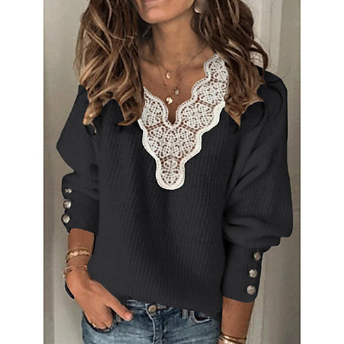 

Women's Knitted Lace Trims Solid Color Jumper Cotton Long Sleeve Sweater Cardigans V Neck Fall Winter White Black Blue