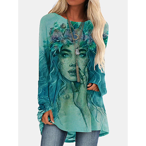 

Women's Shift Dress Knee Length Dress Blue Green White Long Sleeve Print Print Fall Round Neck Casual Loose 2021 S M L XL XXL 3XL