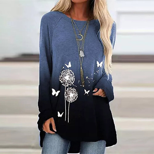 

Women's Swing Dress Short Mini Dress Blue Purple Green Long Sleeve Print Fall Round Neck Casual Loose 2021 S M L XL XXL 3XL