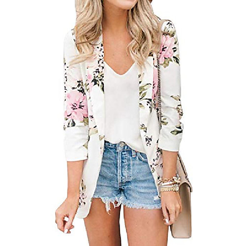 

women's open front lapel collar long sleeve floral print blazer jacket (large, white)
