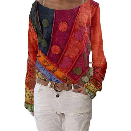 

Women's T shirt Color Block Tie Dye Long Sleeve Patchwork Print Off Shoulder Tops Basic Basic Top Red