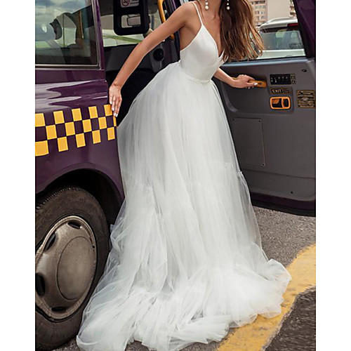 

A-Line Wedding Dresses V Neck Court Train Satin Tulle Sleeveless Beach with 2021