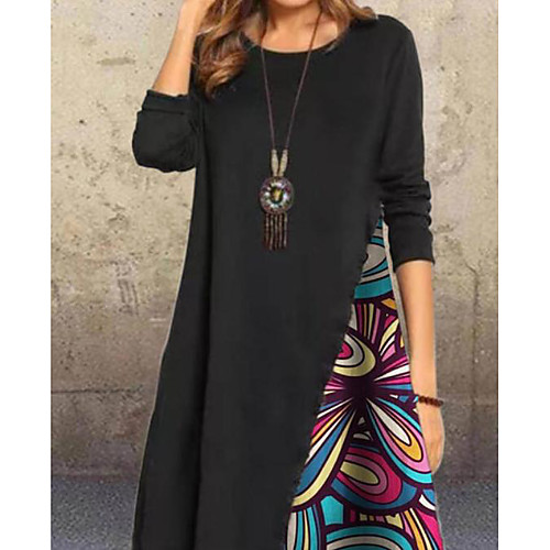 

Women's Shift Dress Knee Length Dress Black Long Sleeve Print Color Block Patchwork Print Fall Winter Round Neck Casual Loose 2021 S M L XL XXL 3XL 4XL