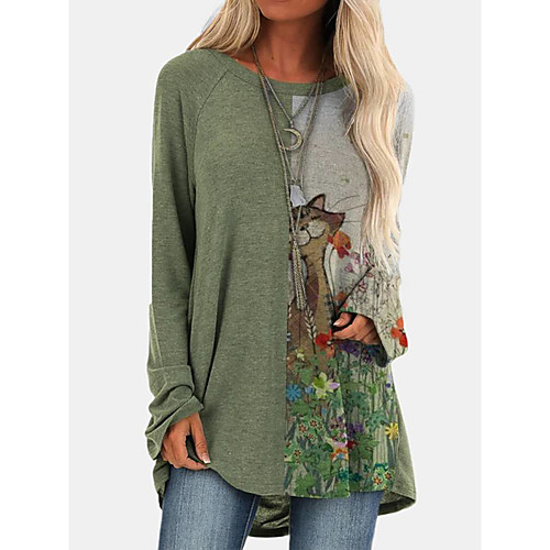 

Women's Going out T shirt Dress Plants Cat Graphic Long Sleeve Round Neck Work Basic Casual Tops Loose Green Light gray