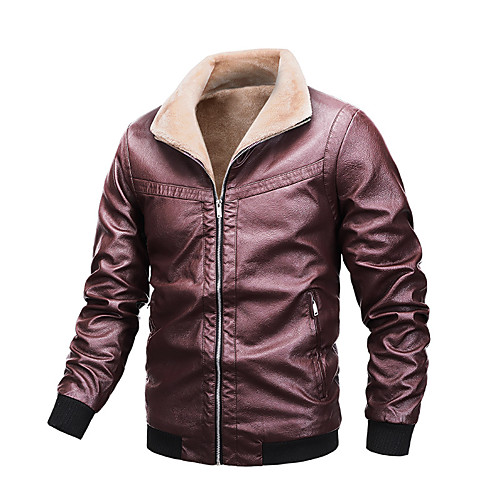 

Men's Jacket Going out Fall & Winter Regular Coat Stand Collar Regular Fit Streetwear Jacket Long Sleeve Solid Colored Fur Trim Wine Black / Work / Plus Size