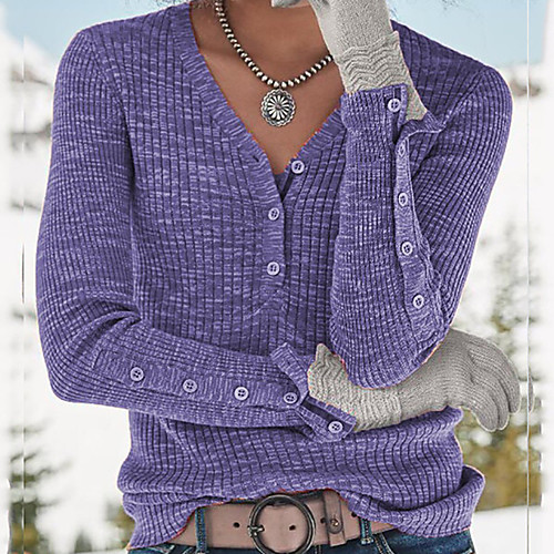 

Women's Blouse Color Block Long Sleeve V Neck Basic Tops Purple Red Green