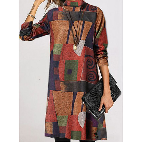 

Women's Sweater Jumper Dress Knee Length Dress Rainbow Brown Long Sleeve Print Fall Winter Turtleneck Casual Vintage 2021 S M L XL XXL 3XL