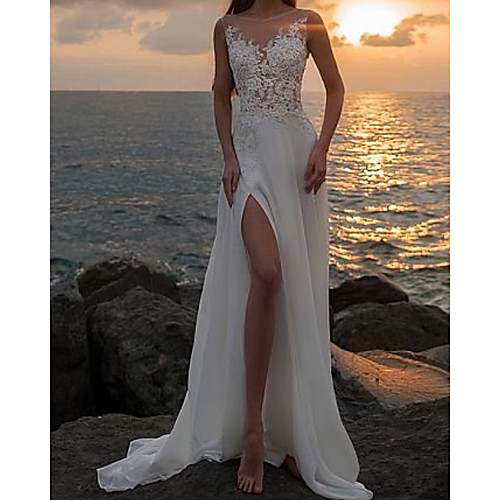 

A-Line Wedding Dresses V Neck Court Train Chiffon Lace Sleeveless Beach with Lace Insert Split Front 2021