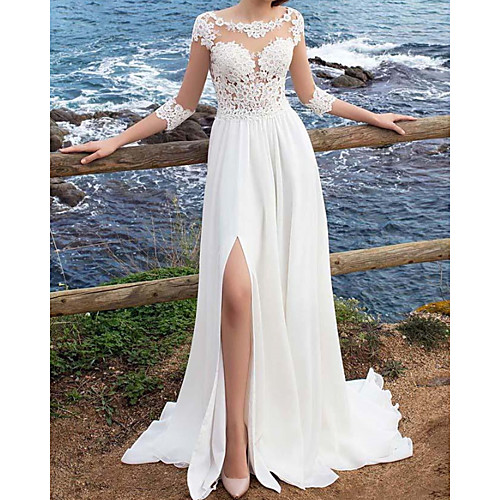 

A-Line Wedding Dresses Jewel Neck Sweep / Brush Train Chiffon Lace 3/4 Length Sleeve Beach with Appliques Split Front 2021