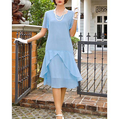 

A-Line Mother of the Bride Dress Elegant Vintage Jewel Neck Ankle Length Chiffon Short Sleeve with Ruffles 2021