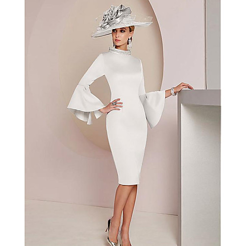 

Sheath / Column Mother of the Bride Dress Wrap Included High Neck Knee Length Jersey 3/4 Length Sleeve with Crystals 2021 / Petal Sleeve
