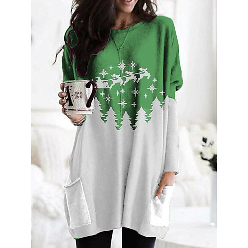 

Women's Shift Dress Short Mini Dress Green Long Sleeve Print Patchwork Print Fall Spring Round Neck Casual Christmas Loose 2021 S M L XL XXL 3XL 4XL 5XL