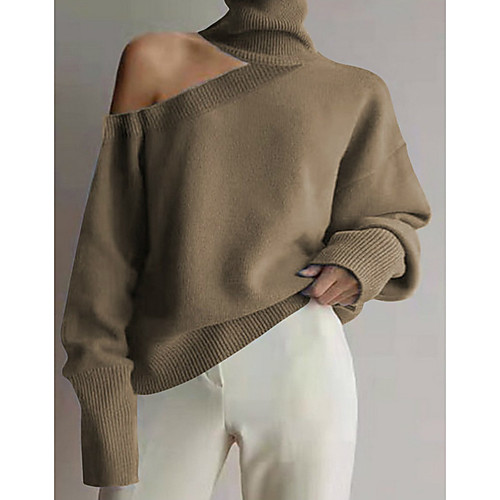 

Women's Knitted Solid Color Pullover Long Sleeve Sweater Cardigans Turtleneck Fall Winter Black Blue Khaki