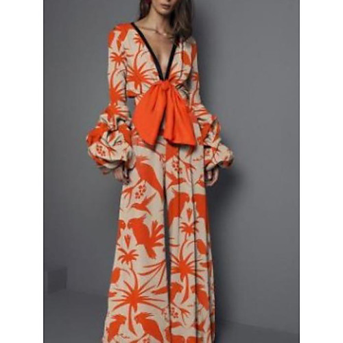 

Women's Sheath Dress Maxi long Dress Orange Long Sleeve Print Print Fall Spring V Neck Elegant Sexy Slim 2021 S M L XL XXL 3XL / Mini