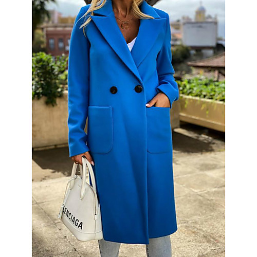

Women's Coat Daily Fall & Winter Long Coat Notch lapel collar Regular Fit Jacket Long Sleeve Solid Colored Blue Yellow