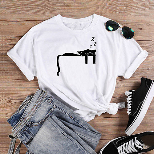 

Women's T shirt Cat Print Round Neck Basic Tops 100% Cotton White Black Dark Gray