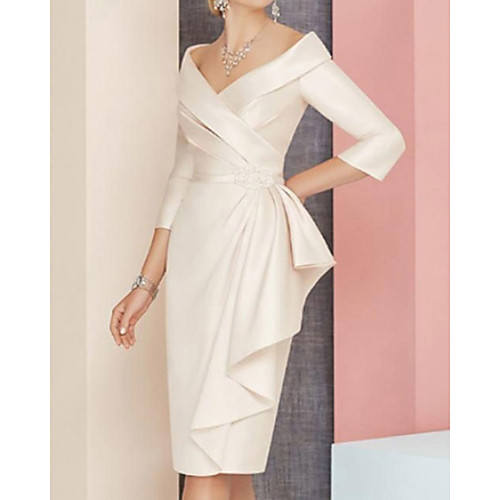 

Sheath / Column Mother of the Bride Dress Plus Size Elegant Vintage V Neck Knee Length Satin 3/4 Length Sleeve with Sash / Ribbon Ruching 2021