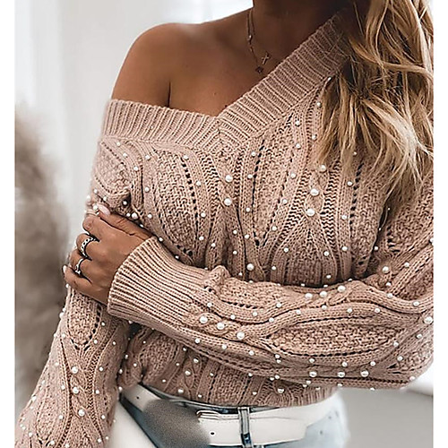 

Women's Pearl Trim Edge Knitted Solid Color Pearl Pullover Long Sleeve Sweater Cardigans V Neck Fall Winter Blushing Pink