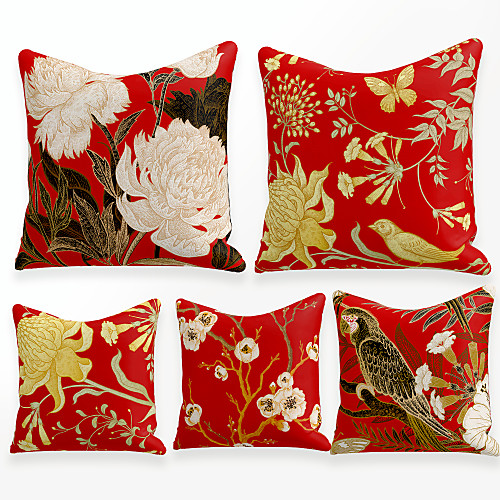 

Cushion Cover 5PCS Faux Linen Soft Square Throw Pillow Cover Cushion Case Pillowcase for Sofa Bedroom 45 x 45 cm (18 x 18 Inch) Superior Quality Mashine Washable Chinese Style Flowers Birds