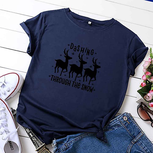 

Women's Christmas T shirt Graphic Graphic Prints Letter Print Round Neck Tops 100% Cotton Basic Basic Top White Blue Yellow