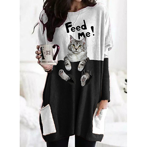 

Women's 3D Cat T shirt Dress Cat Graphic Prints Long Sleeve Pocket Patchwork Print Round Neck Basic Tops Black