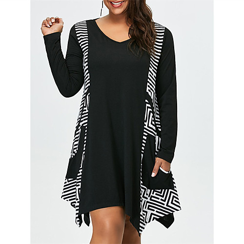 

Women's A Line Dress Short Mini Dress Blue Black Long Sleeve Print Pocket Fall Round Neck Casual Slim 2021 XL XXL 3XL 4XL 5XL / Plus Size