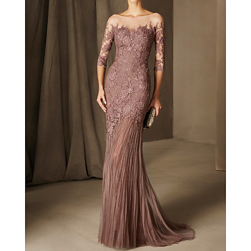 

Mermaid / Trumpet Elegant Floral Engagement Formal Evening Dress Illusion Neck 3/4 Length Sleeve Sweep / Brush Train Chiffon with Lace Insert 2021