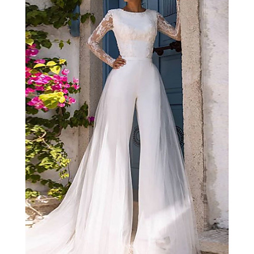 

Jumpsuits Wedding Dresses Jewel Neck Court Train Lace Tulle Long Sleeve Modern Illusion Sleeve with Lace 2021