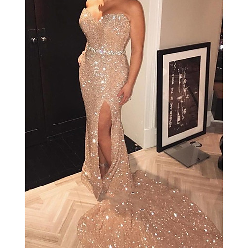 

Mermaid / Trumpet Glittering Sexy Engagement Formal Evening Dress Strapless Sleeveless Court Train Sequined with Sequin Split 2021