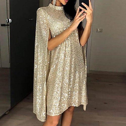 

Women's Shift Dress Short Mini Dress Silver Gold Long Sleeve Solid Color Sequins Summer Round Neck Sexy Party Club 2021 S M L XL XXL