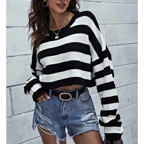 

Women's Sweater Striped Solid Colored Long Sleeve Crop Top Round Neck Basic Casual Tops Black And White