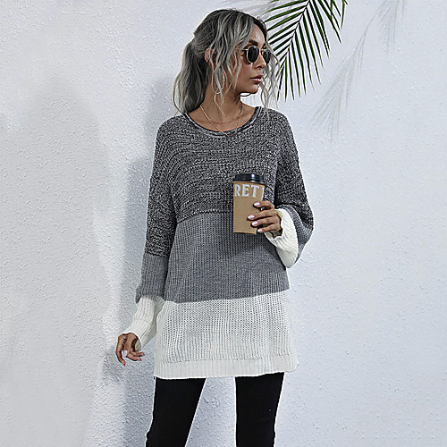 

Women's Basic Knitted Color Block Dress Cotton Long Sleeve Sweater Cardigans Crew Neck Fall Winter Gray