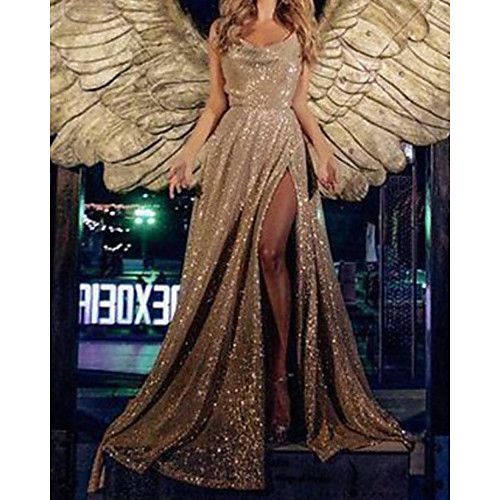 

Sheath / Column Sparkle Sexy Wedding Guest Formal Evening Dress Scoop Neck Sleeveless Floor Length Sequined with Sequin Split 2021