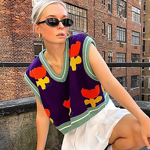 

Women's Knitted Floral Vest Sleeveless Sweater Cardigans V Neck Fall Purple