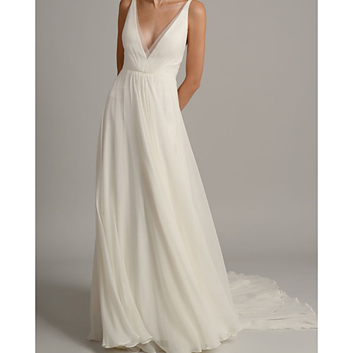 

A-Line Wedding Dresses V Neck Court Train Chiffon Sleeveless Simple Beach with 2021