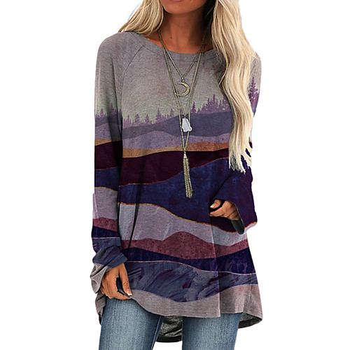 

Women's T shirt Dress Tunic Blouse Scenery Long Sleeve Patchwork Print Round Neck Tops Blue Purple