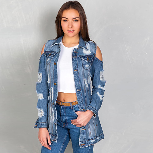 

Women's Denim Jacket Sports Fall & Winter Regular Coat Regular Fit Basic Jacket Long Sleeve Solid Colored Blue