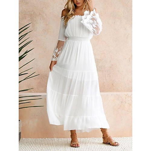 

Women's Swing Dress Maxi long Dress White Long Sleeve Solid Color Lace Patchwork Spring Off Shoulder Casual Going out Slim 2021 S M L XL