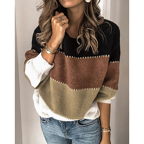 

Women's Knitted Color Block Pullover Long Sleeve Sweater Cardigans Crew Neck Fall Winter Black Blue Khaki