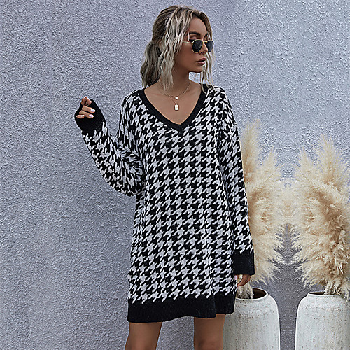 

Women's Basic Houndstooth Dress Cotton Long Sleeve Sweater Cardigans V Neck Fall Winter Black