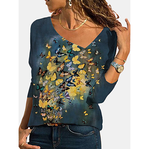 

Women's T shirt Graphic Butterfly Dandelion Long Sleeve Print Diagonal Neck Tops Basic Basic Top Blue Green Gray