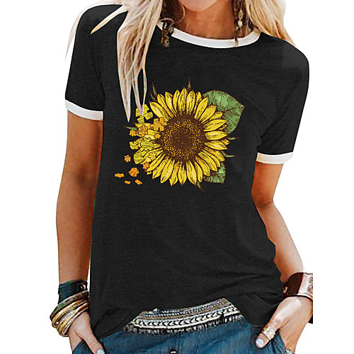 

Women's T shirt Floral Patchwork Print Round Neck Tops Basic Basic Top White Black Blue