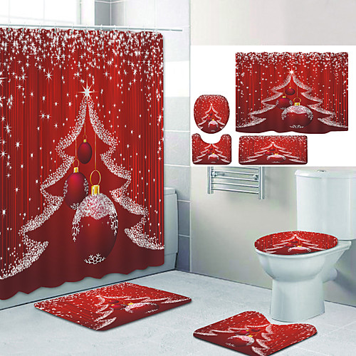 

Christmas White Starlight Christmas Tree Chandelier Digital Printing Four-piece Set Shower Curtains and Hooks Modern Polyester Machine Made Waterproof Bathroom